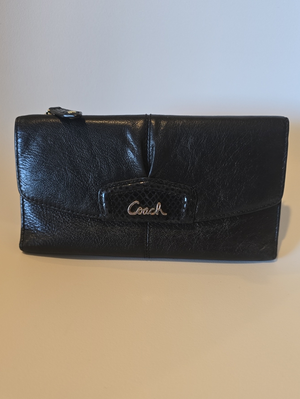 Coach Black Leather Continental Wallet with Signature Logo